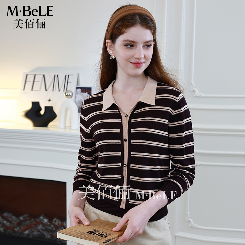 美佰俪2025秋季新款时尚翻领莱赛尔天丝针织条纹衫气质妈妈装上衣