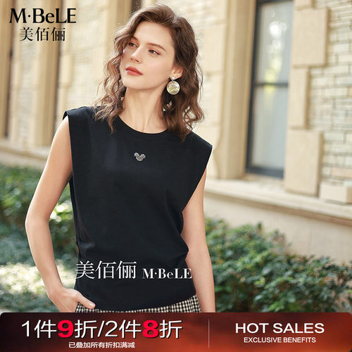 美佰俪2026夏季新款设计感显瘦百搭无袖米奇头烫钻T恤衫女士上衣