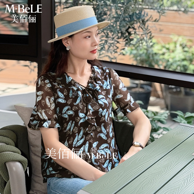 美佰俪飘逸凉感雪纺衬衫女2026夏季薄款短袖复古印花时尚小衫上衣