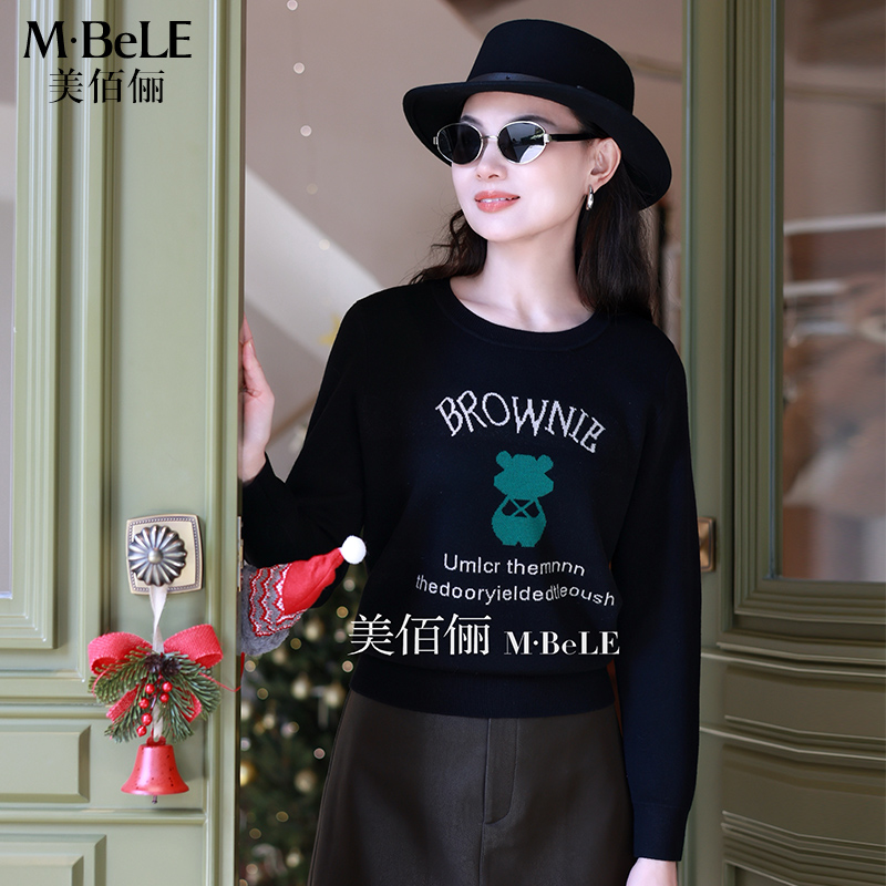 美佰俪2025秋冬新款羊毛衫套头圆领毛衣女小熊提花设计感针织打底