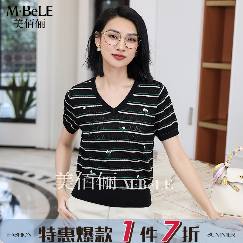 美佰丽2025年夏季新款莱赛尔条纹上衣天丝短袖t恤衫女薄款针织衫