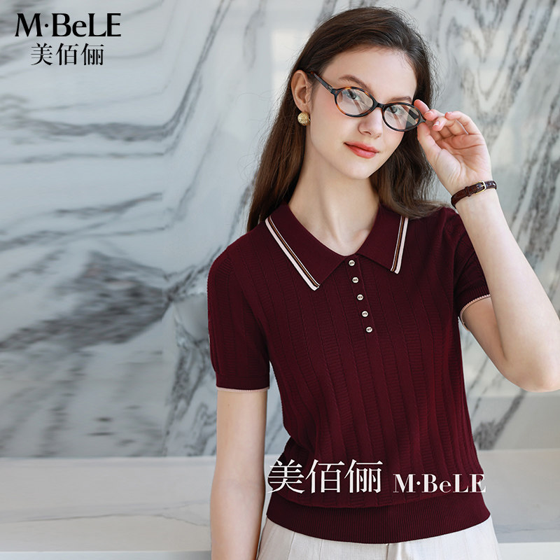 美佰俪2026夏季新款天丝针织衫女撞色翻领短袖T恤纯色休闲薄上衣