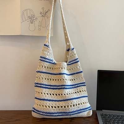 清凉夏日气息蓝条纹手工托特包