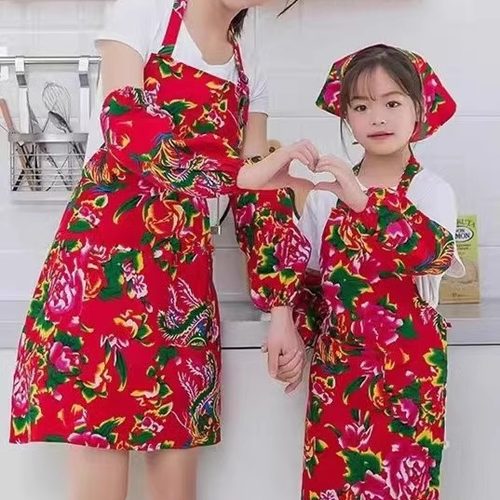 东北大花民族围裙套装亲子围兜套袖头巾儿童时尚烘焙厨艺凤凰半身