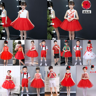六一儿童演出服女童红色蓬蓬纱裙幼儿园舞蹈合唱小学生集体表演服