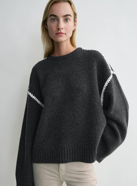 tt*m25年早秋新款两色圆领撞色贝壳刺绣羊毛羊绒保暖针织衫毛衣