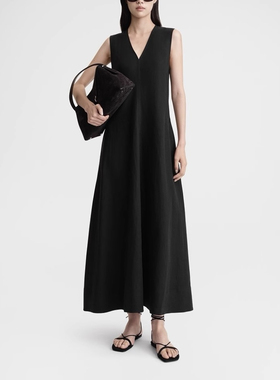 tt*me女装25春夏新款黑色V领莱赛尔混纺廓形休闲无袖连衣裙