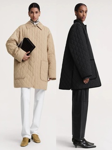 北欧风25新款刘雯同款拼接灯芯绒菱格绗缝宽松显瘦中长款棉服外套