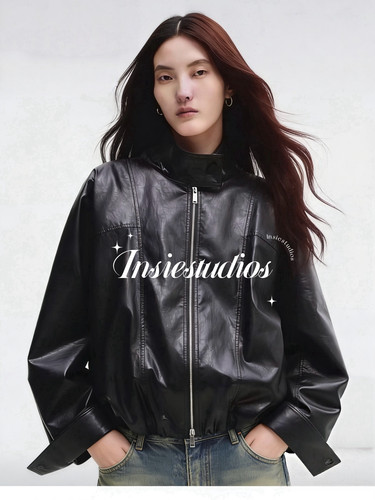 ED元版 早春新款黑色复古贝果风 帅气穿搭夹克皮衣外套女