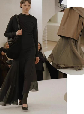 Le*mr秀款重l不规则修身长袖连衣裙设计感网纱内搭Jennie长裙