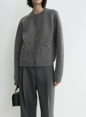 tt*me25新款麻灰色柔软修身锤纹纽扣针织开衫