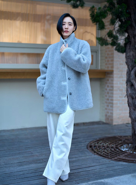 ED原料 羊羔毛外套女宽松显瘦中长款显瘦保暖浅灰色毛毛外套