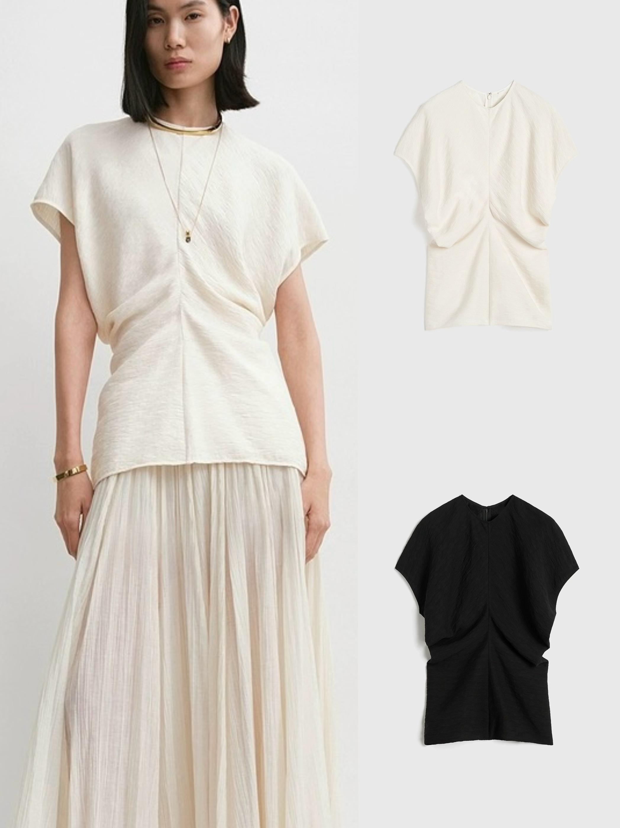 瑞典* 25新款褶皱肌理感圆领短袖上衣半身裙立体剪裁套装上衣女