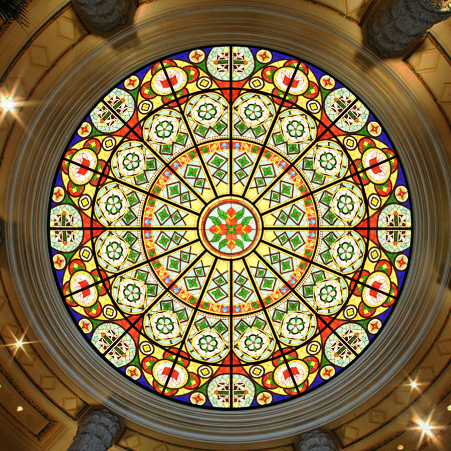 定制大厅欧式复古巴洛克圆形吊顶蒂凡尼镶嵌教堂装饰彩色艺术玻璃
