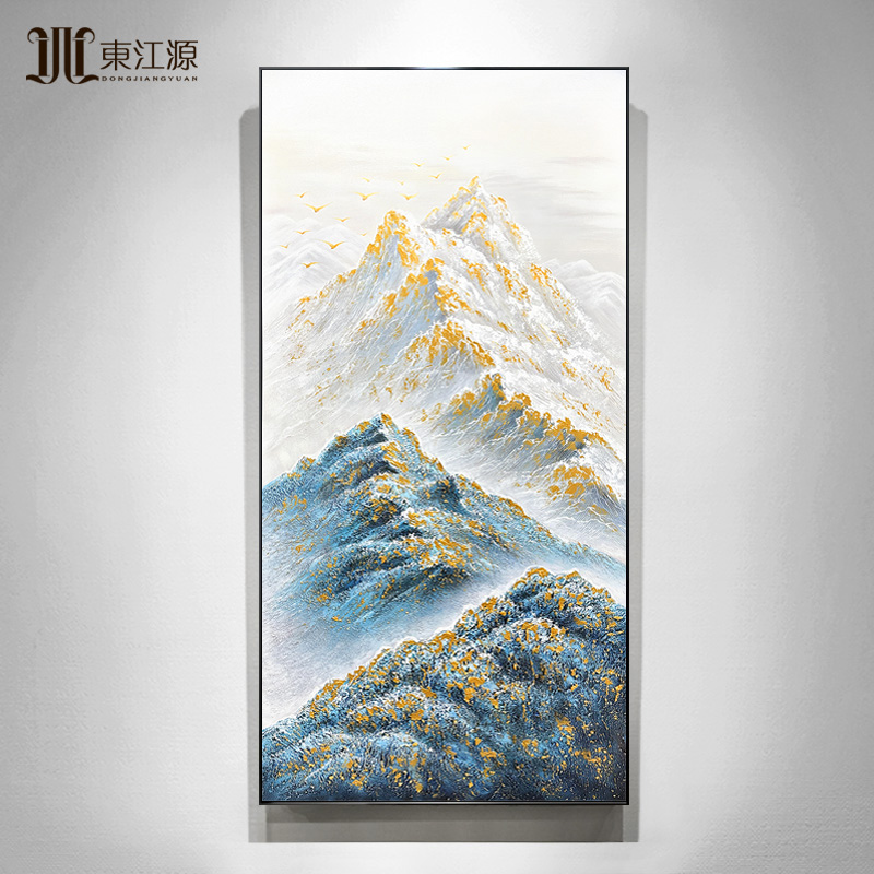 纯手绘油画玄关装饰画走廊过道挂画金山新中式孔雀蓝高级感大芬村图片