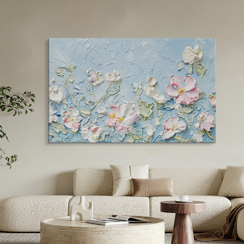 奶油风浪漫繁花客厅装饰画花卉立体感沙发手绘油画卧室挂画肌理画图片