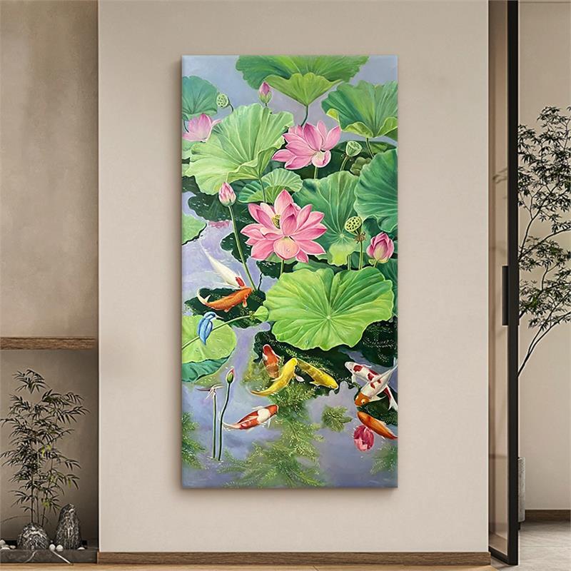 和气生财荷花手绘油画锦鲤中式装饰画客厅风水聚财挂画玄关丙烯画图片