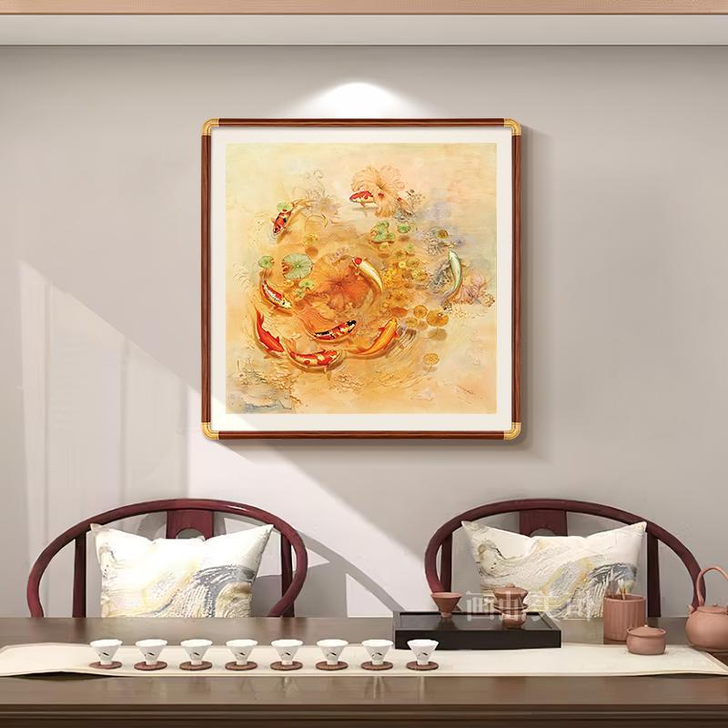 九鱼图手绘油画玄关装饰画餐厅锦鲤挂画中古风轻奢壁画年年有余图片