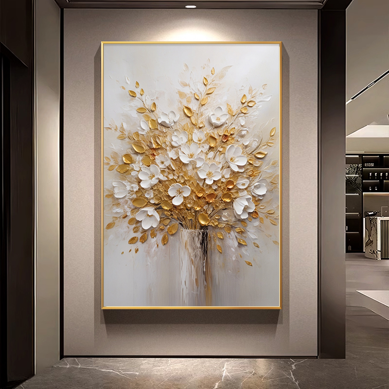 纯手绘油画抽象花卉厚油玄关装饰画轻奢高级感餐厅客厅立体挂画图片