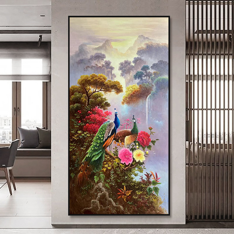 新中式入户玄关牡丹花装饰画双孔雀图纯手绘油画客厅花开富贵挂画图片