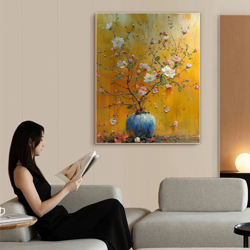HY. ART原创《平安富贵》手绘肌理花卉立体油画客厅餐厅竖版简约图片