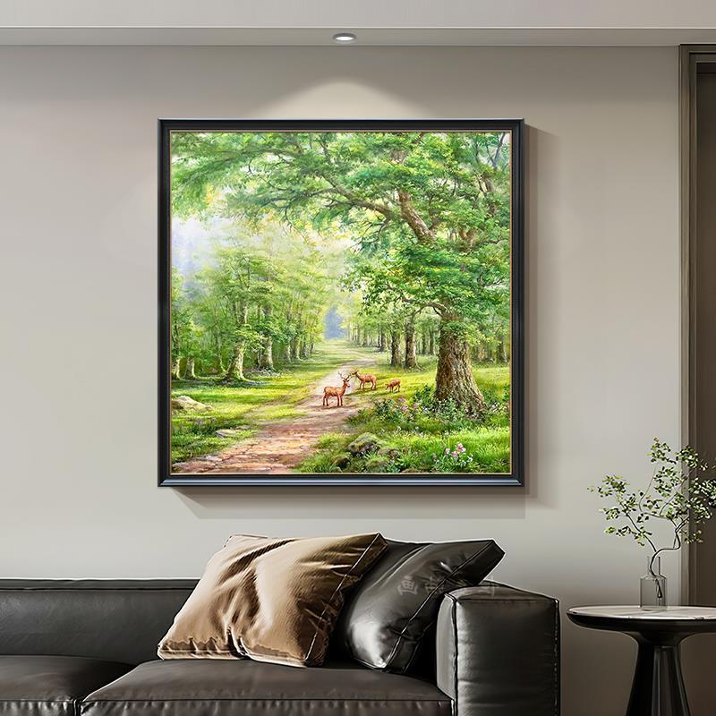 手绘油画发财梅花鹿客厅装饰画玄关风景大树挂画森林壁画绿树成荫图片