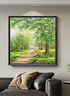 手绘油画发财梅花鹿客厅装饰画玄关风景大树挂画森林壁画绿树成荫