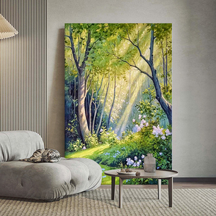 丁达尔效应纯手绘油画大芬村绿色森林风景客厅装饰画玄关肌理挂画