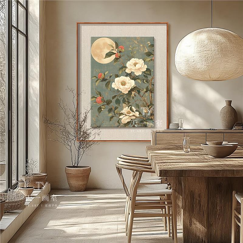 新中式白色牡丹花手绘油画餐桌客厅挂画复古风格样板房玄关装饰画图片