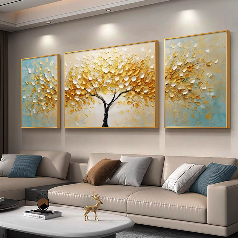 手绘油画发财树客厅装饰画轻奢三联沙发背景墙壁画高级感床头挂画图片