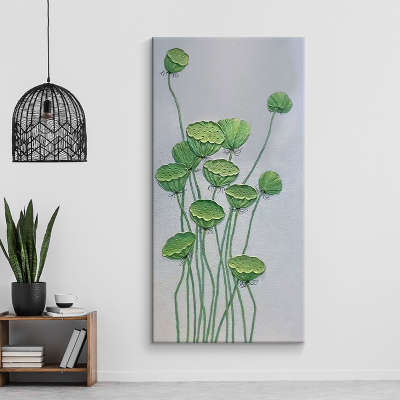 好运莲蓬手绘油画立体绿色植物装饰画客厅挂画入户走廊玄关肌理画图片