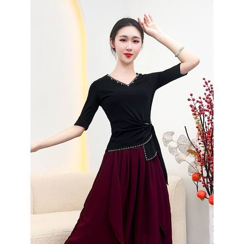短袖T恤女新款现代舞设计感系带V领成人舞蹈训练服小众气质上衣