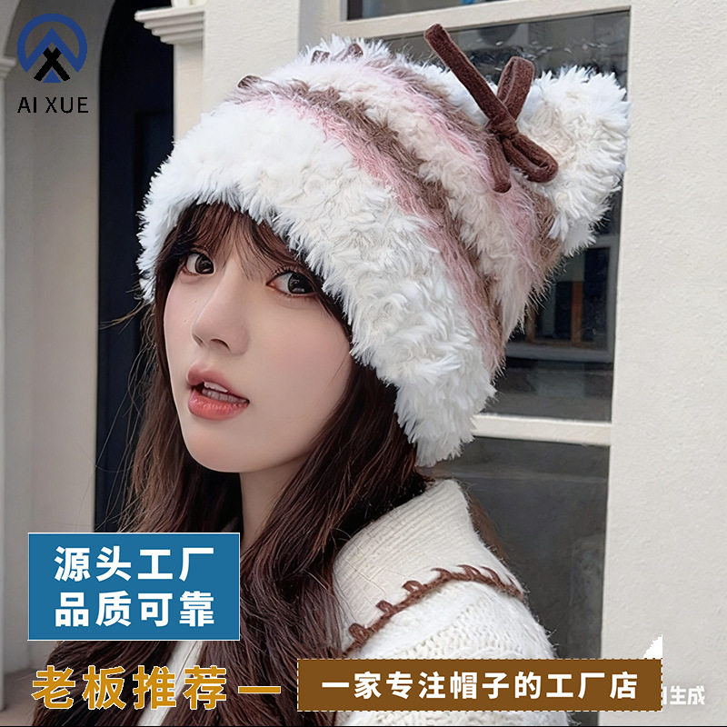 蝴蝶结猫耳朵毛绒帽女秋冬季条纹护耳针织帽显脸小保暖毛线帽子 - 实物图