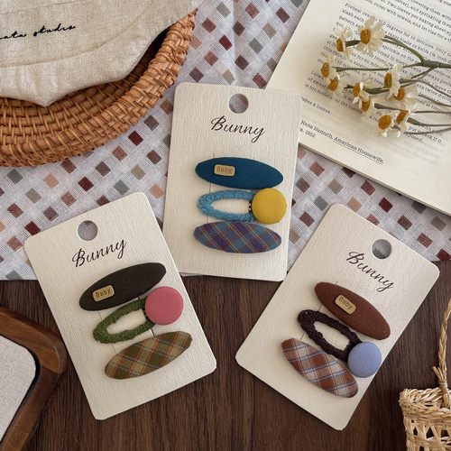 早秋新款复古格纹布艺三个装椭圆bb夹女孩碎发夹宝宝侧边刘海发卡