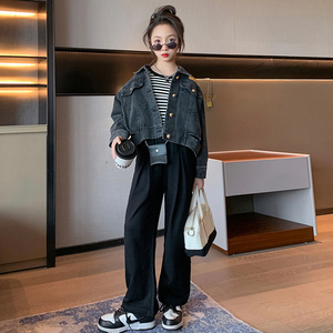 女童外套春秋款2023新款时尚短款秋装洋气黑灰色休闲儿童牛仔衣潮