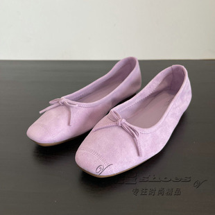 欧货高端女鞋小羊皮女士低帮鞋小方头平跟浅口单鞋蝴蝶结跳舞鞋女