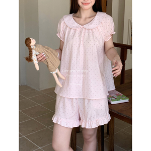 复古波点娃娃领泡泡袖纯棉睡衣女