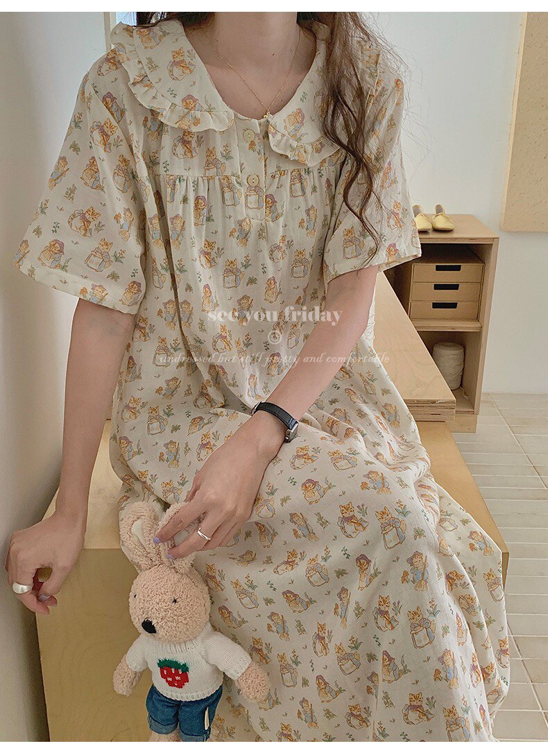 100%双层纱棉猫咪印花家居服女士夏季薄款娃娃领短袖长款纯棉睡裙