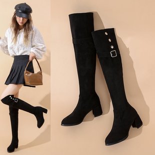 两穿磨砂过膝长筒靴子女2024秋季 长靴不掉筒冬加绒弹力瘦瘦靴 新款