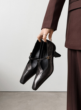 Ls' rommors 设计感 车线羊皮方头玛丽珍鞋女T型扣带中跟通勤单鞋