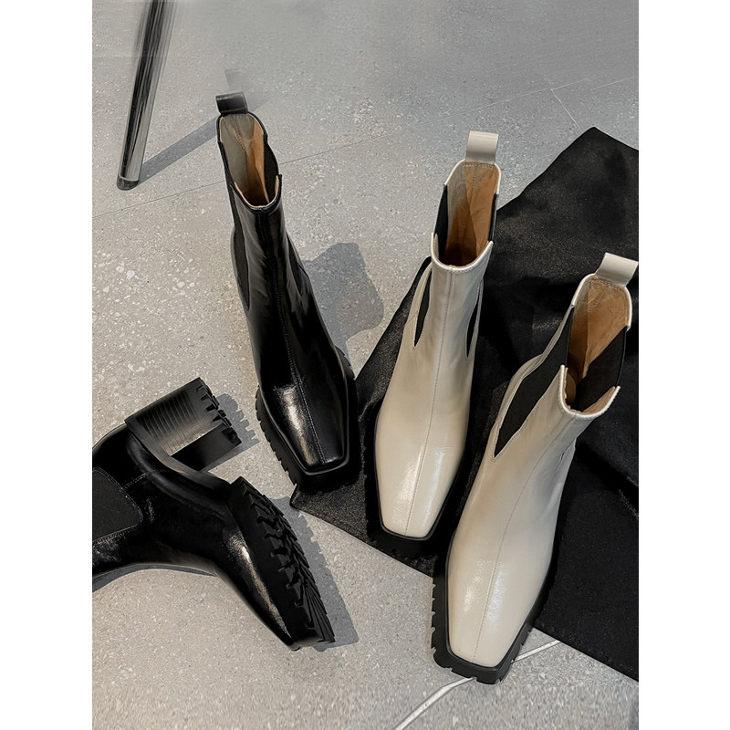 le queen高档纯皮瘦瘦靴 粗高跟防水台切尔西短靴女新款春秋单靴