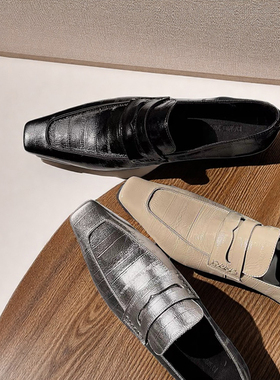 Le' Queen单皮鞋女春秋款 鳗鱼纹细跟乐福单鞋猫跟英伦乐福便士鞋