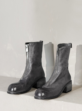 Le' Queen「高定真皮底」GUIDI靴前拉链圆头粗跟马皮中筒鬼帝靴女