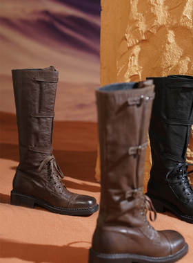 Le'Queen原创「高定水洗牛皮」系带及膝马丁靴皮带扣高筒骑士长靴