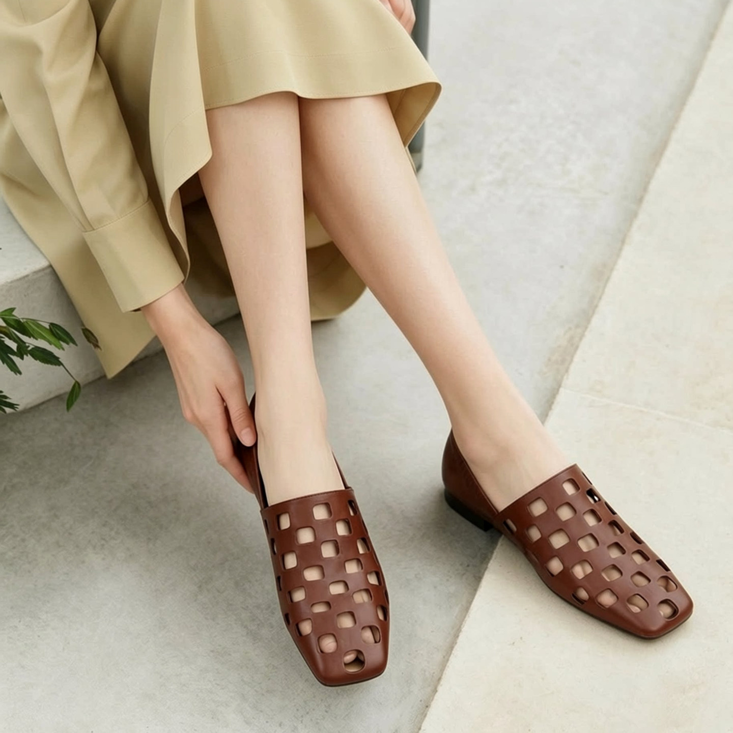 Ls' rommors高級真皮鞋底 胎牛皮镂空洞洞鞋女夏透气复古棕色单鞋