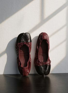 Ls' rommors超软羊皮 蝴蝶结芭蕾风平底鞋女tabi分趾单鞋撞色拼接