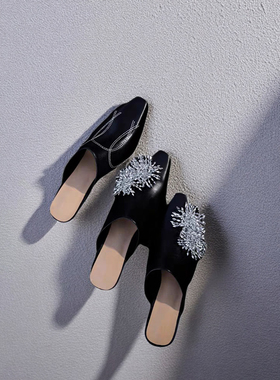 Le' Queen 原创小众 水洗马皮拖鞋女细跟烟花串珠绣线凉拖穆勒鞋