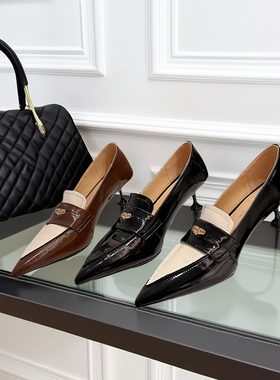 Le'Queen春夏新款法式复古拼色漆皮车缝线尖头中跟金币便士单鞋女