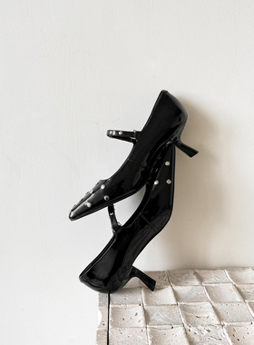 Ls' rommors 铆钉记忆 开边珠牛皮细跟玛丽珍鞋女倒跟魔术贴单鞋