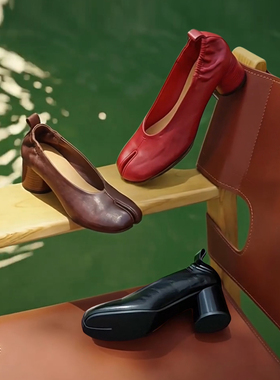 Ls'rommors 高級 意大利植鞣水洗马皮粗高跟猪蹄单鞋女tabi分趾鞋